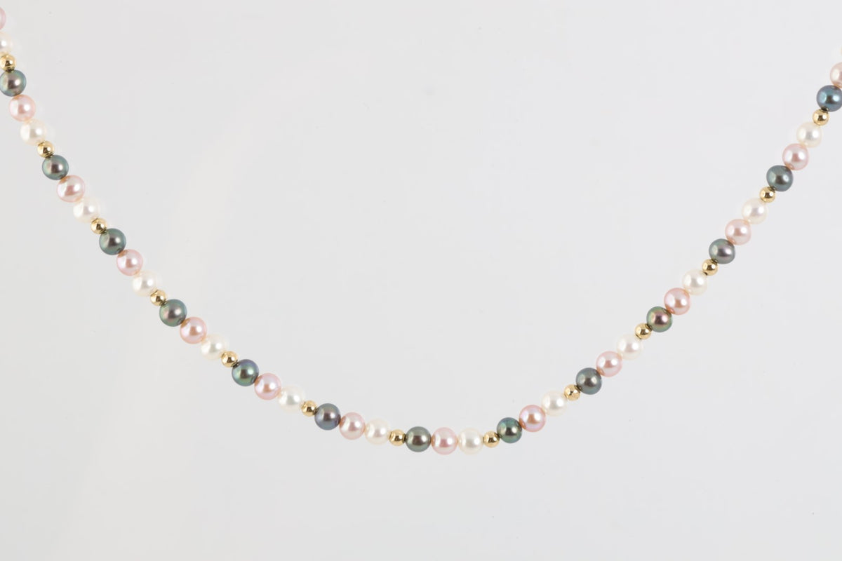 17" 14k Yellow Gold Necklace with Multicolored Pearls and Gold Beads
