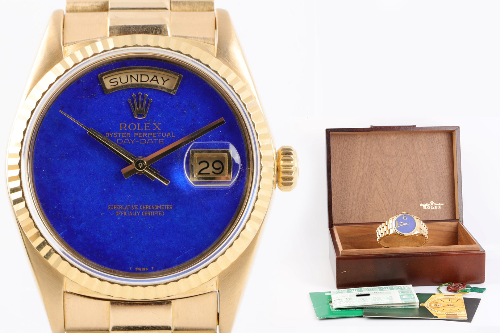 Rolex 18038 Day Date LAPIS Dial 18K Yellow Gold 36mm Men s Watch Box Chorost Co