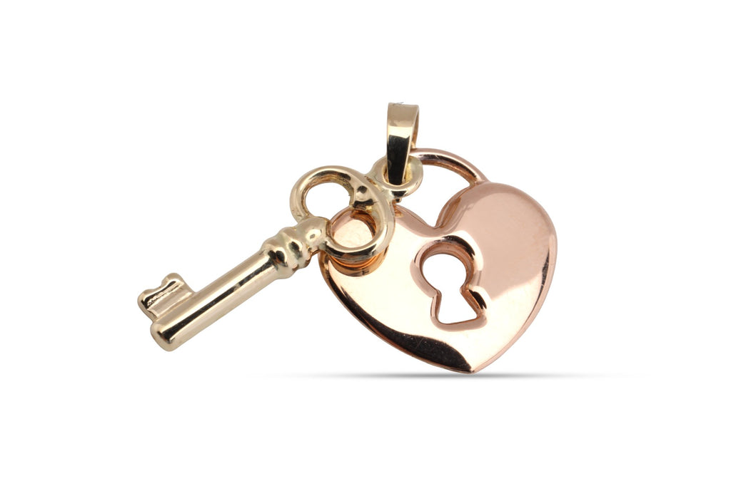 14k Yellow and Rose Gold Two Tone Heart Lock and Key Pendant (1.55